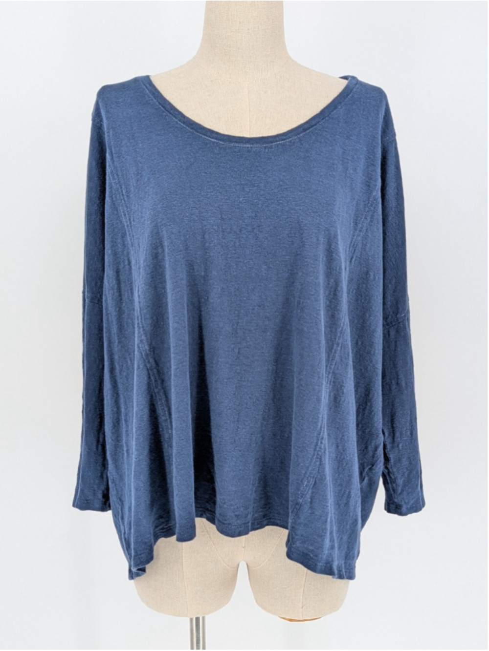 Eileen Fisher XL Organic Linen Jersey Boxy Top Navy Dolman High Low
